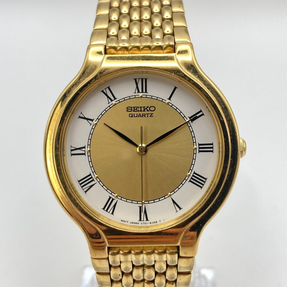 Vintage Seiko Men's Watch 34mm Gold Tone V701-6K69 New Battery SMALL 6.75"